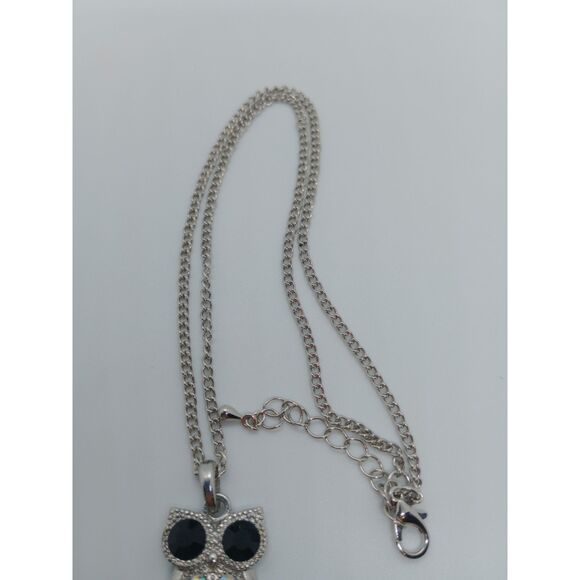 Black AB Rhinestone Owl Pendant Silver Tone 18-20" Chain Necklace - Picture 5 of 6